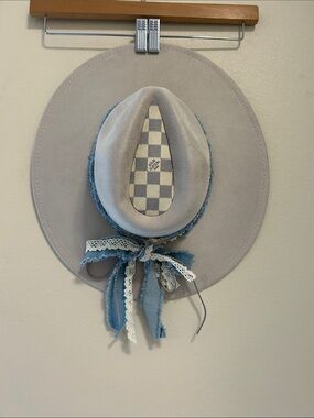 Beige Wide Brim Hat with Blue Trim and repurposed LV insert on crown of hat